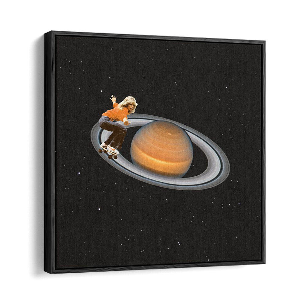 Surreal art print "Saturn Skating" by Vertigo Artography features a skateboarder soaring around Saturn.