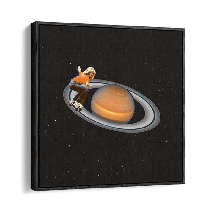Surreal art print "Saturn Skating" by Vertigo Artography features a skateboarder soaring around Saturn.