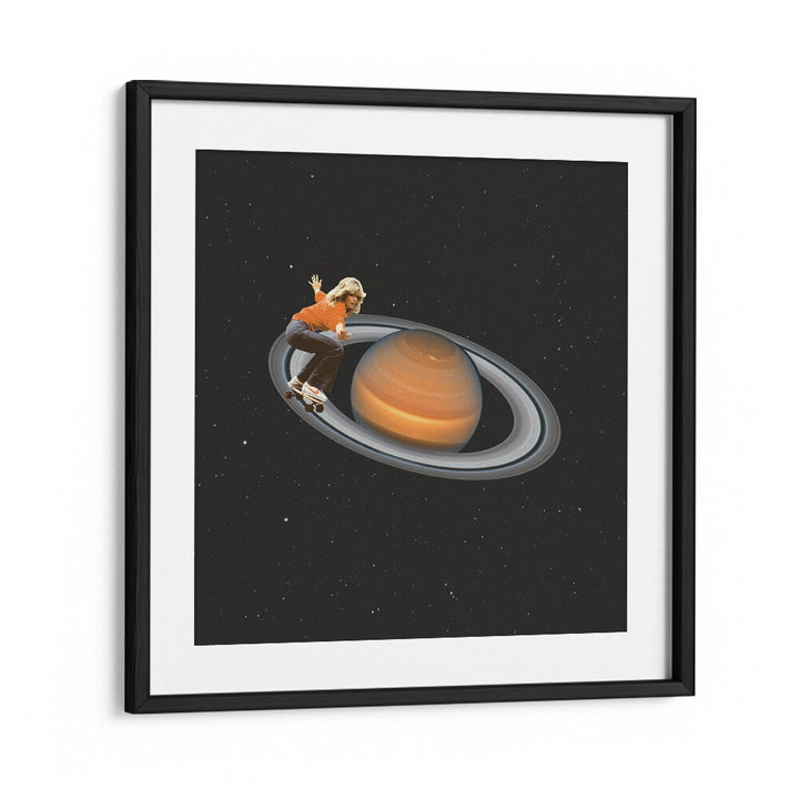 Surreal art print "Saturn Skating" by Vertigo Artography features vibrant colors and cosmic elements.