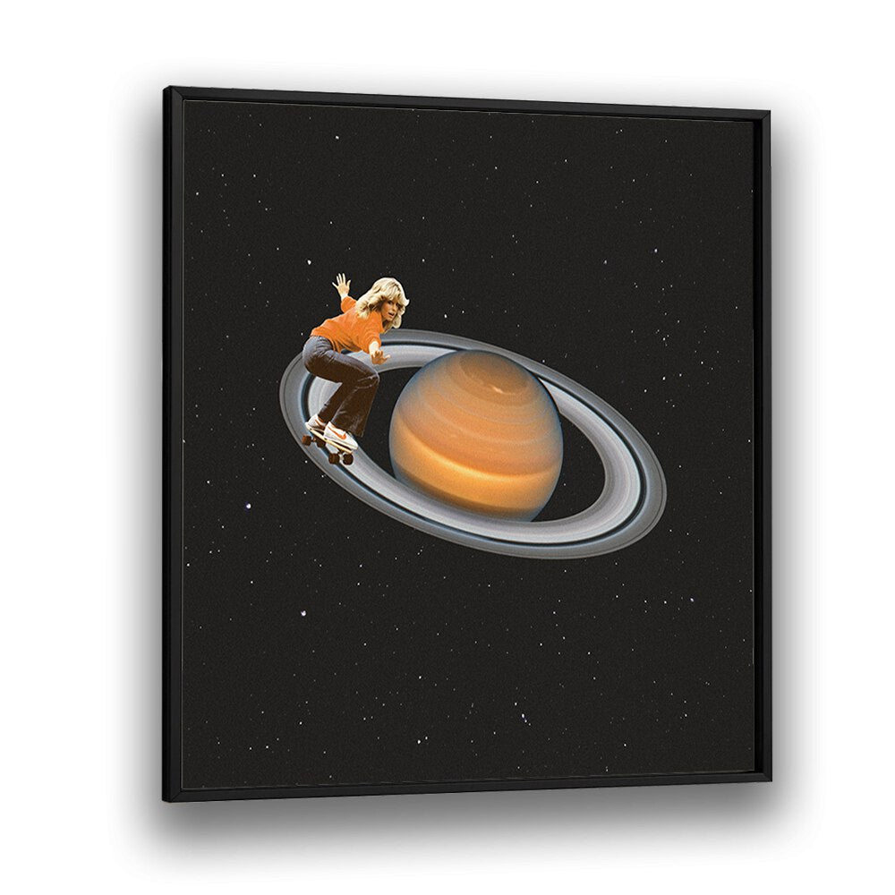 Explore the whimsical SATURN SKATING, SURREAL ART PRINTS by Vertigo Artography, blending skateboarding with cosmic charm.