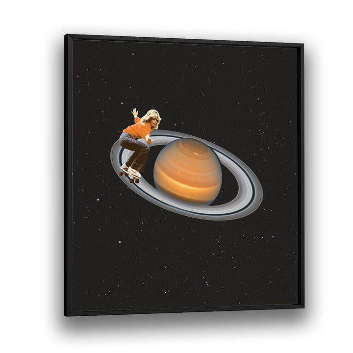 Explore the whimsical SATURN SKATING, SURREAL ART PRINTS by Vertigo Artography, blending skateboarding with cosmic charm.