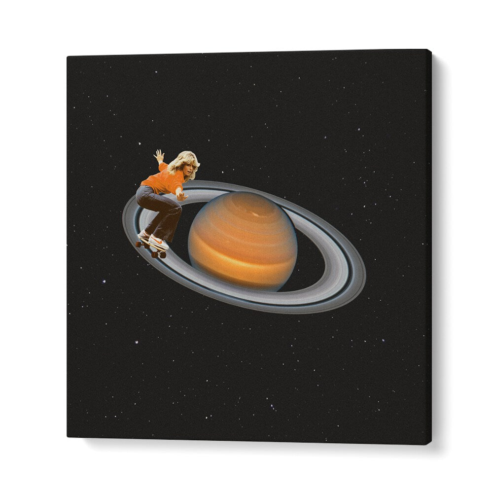 Whimsical Saturn Skating surreal art prints by Vertigo Artography, blending cosmic charm with skate culture.