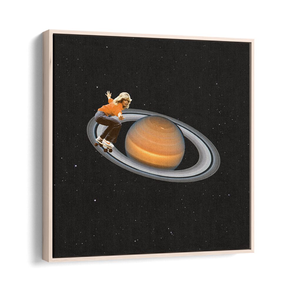 Saturn Skating, surreal art prints by Vertigo Artography, feature a skateboarder gliding around the planet Saturn.