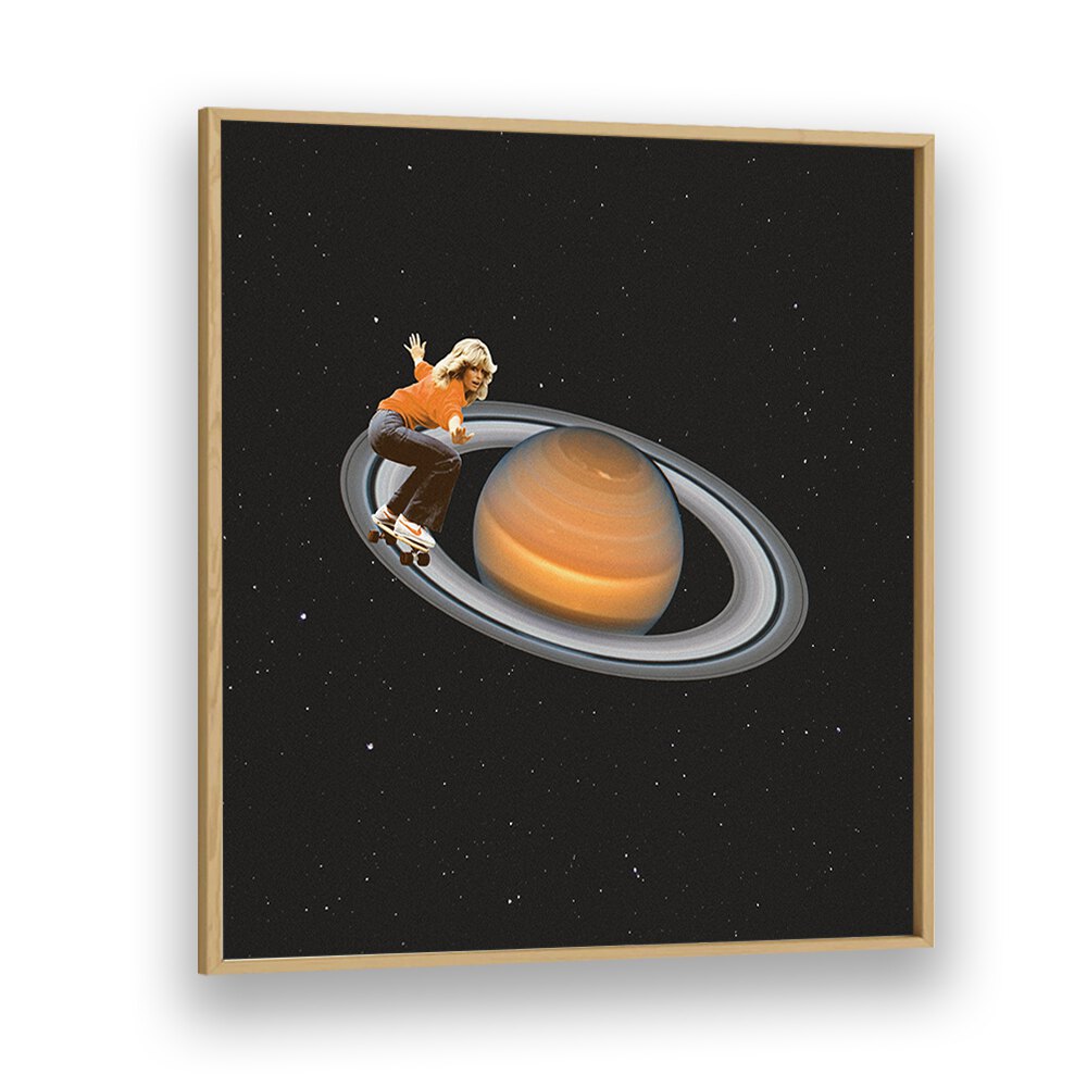 Skateboarder soaring around Saturn in this surreal art print, "SATURN SKATING," by Vertigo Artography.