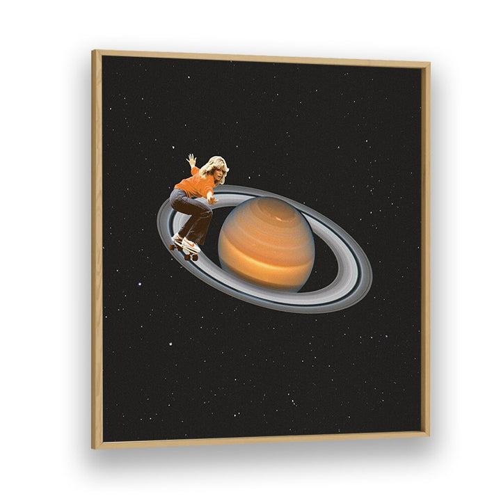 Skateboarder soaring around Saturn in this surreal art print, "SATURN SKATING," by Vertigo Artography.