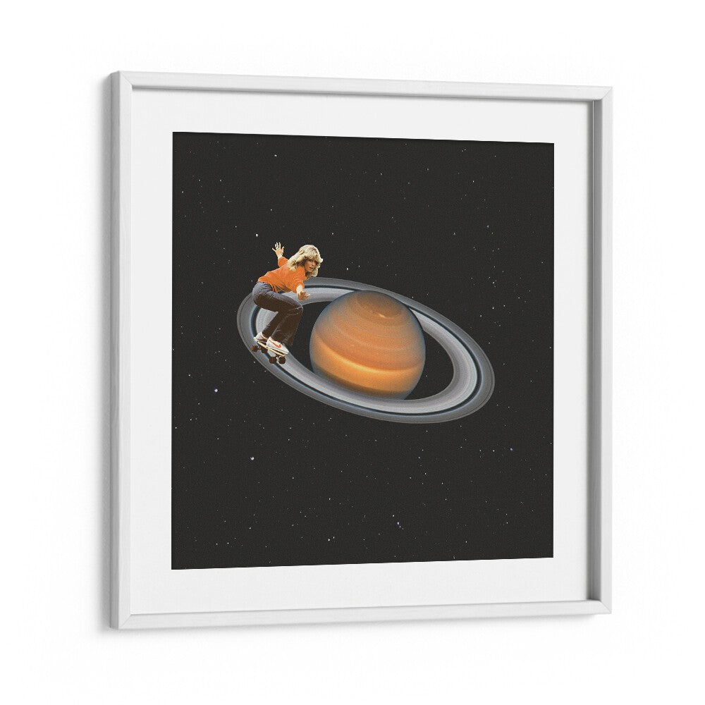 Surreal art print "Saturn Skating" features a skateboarder gliding on Saturn, perfect for unique decor.