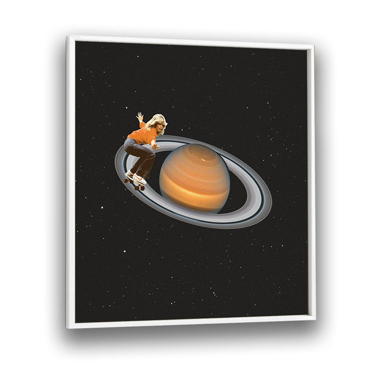 Skateboarder rides Saturn in a surreal art print by Vertigo Artography, showcasing SATURN SKATING, SURREAL ART PRINTS.