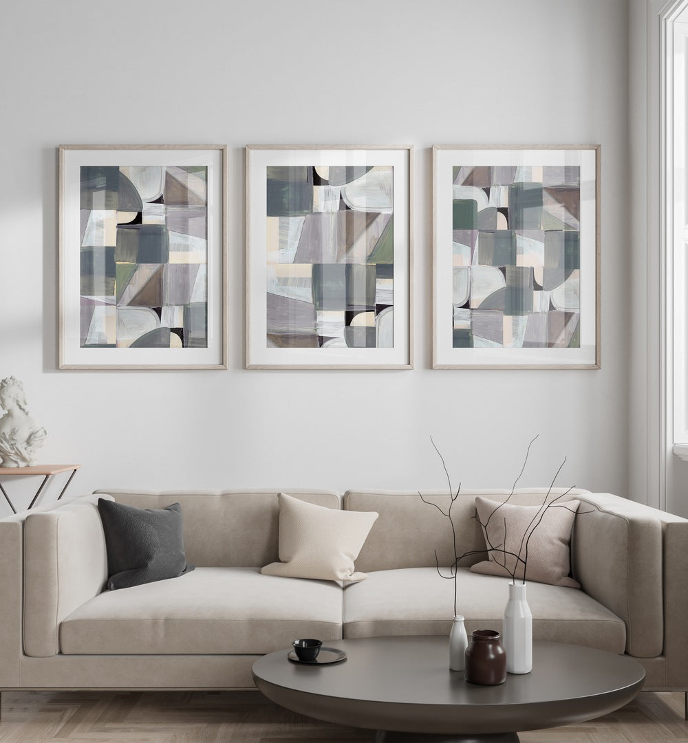 Elevate your decor with the ABSTRACT DESATURATE SET, SET OF 3 PAINTINGS featuring muted tones and abstract forms.