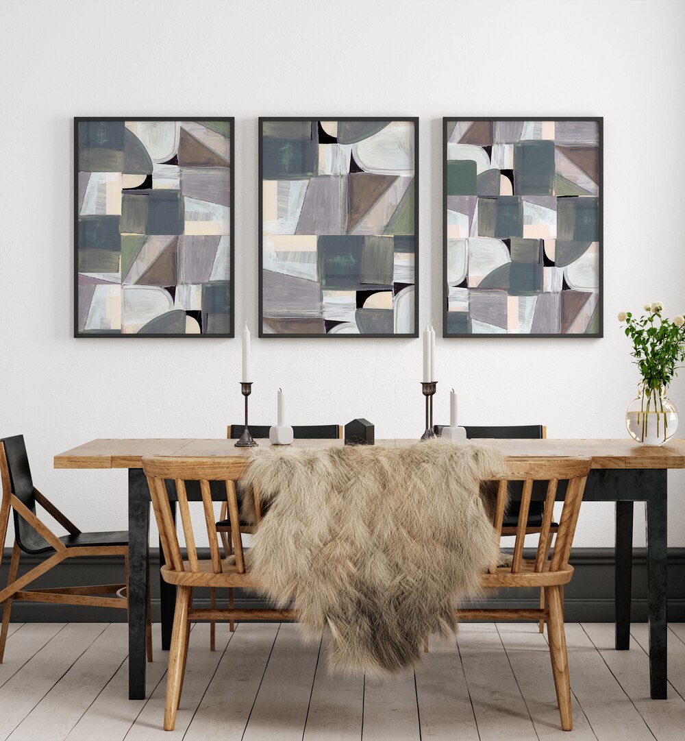 Elevate your decor with the ABSTRACT DESATURATE SET, SET OF 3 PAINTINGS featuring muted tones and abstract designs.