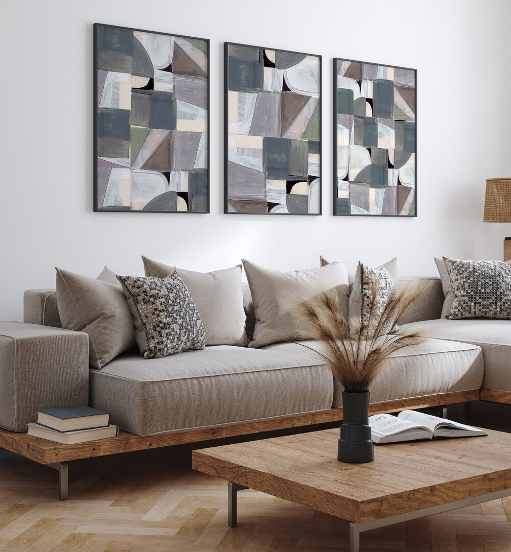 Elevate your decor with the ABSTRACT DESATURATE SET, SET OF 3 PAINTINGS featuring muted tones and abstract designs.
