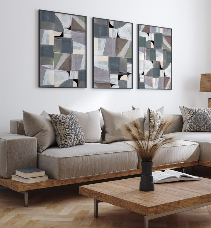 Elevate your decor with the ABSTRACT DESATURATE SET, SET OF 3 PAINTINGS featuring muted tones and abstract designs.