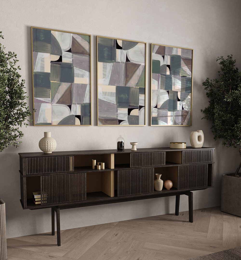 Sophisticated home decor featuring the ABSTRACT DESATURATE SET, SET OF 3 PAINTINGS with muted tones and abstract forms.