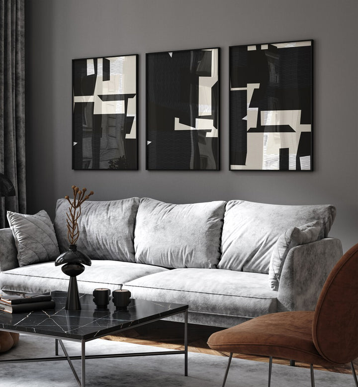 Elevate your decor with the MINIMALIST WOVEN TEXTILE SET, SET OF 3 PAINTINGS, perfect for modern living spaces.
