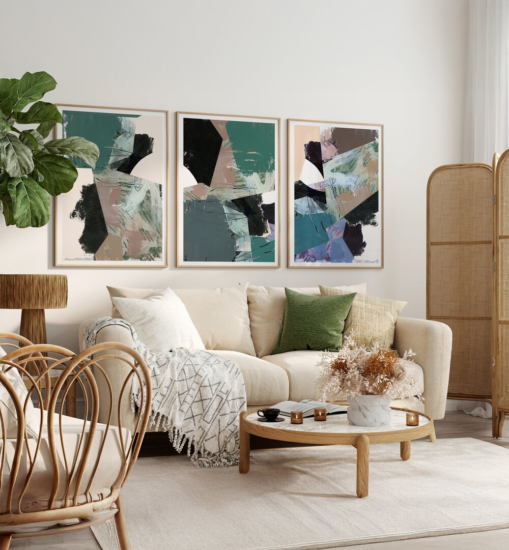 Elevate your decor with the BLUE BLACK NEUTRAL SET, SET OF 3 PAINTINGS, perfect for any stylish living space.