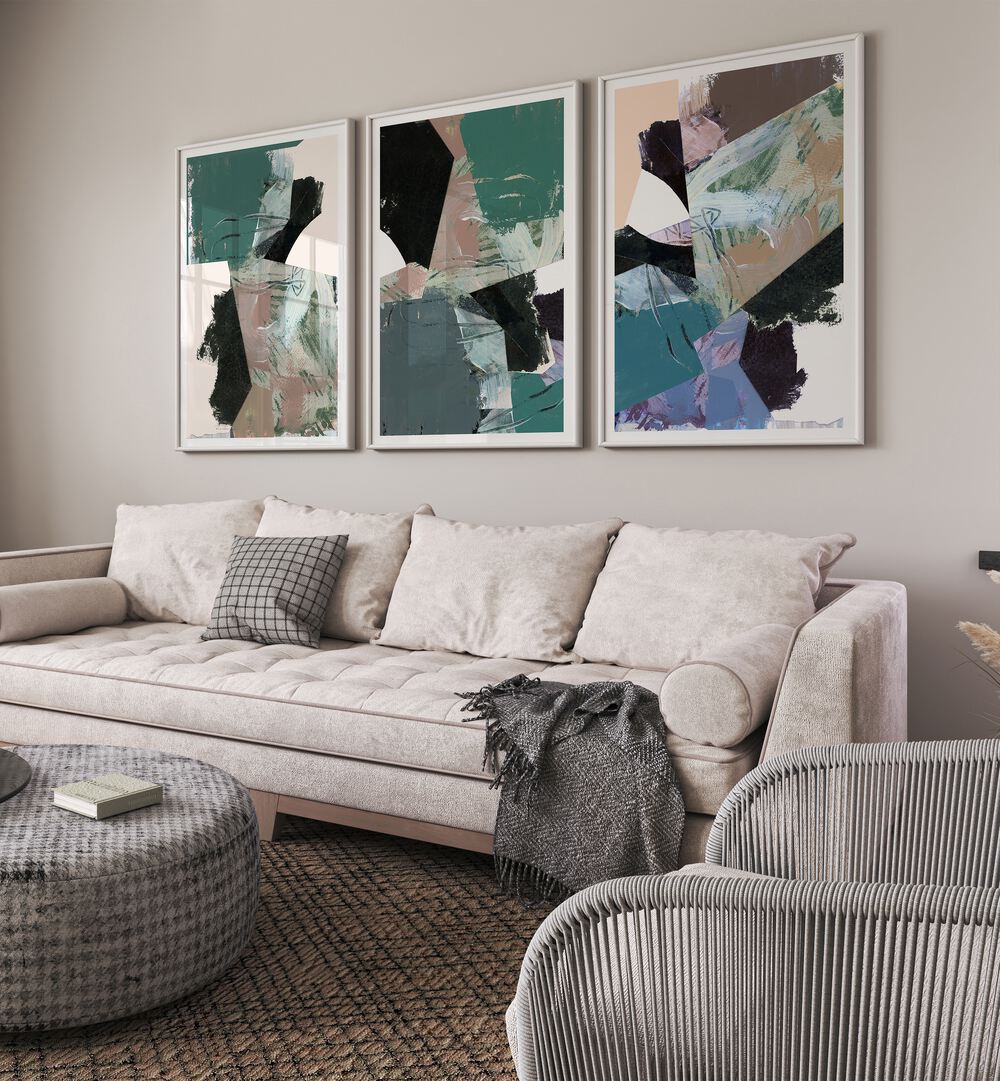 Elevate your space with the BLUE BLACK NEUTRAL SET, SET OF 3 PAINTINGS, perfect for any decor style.
