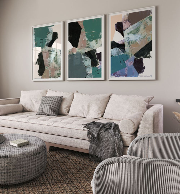 Elevate your space with the BLUE BLACK NEUTRAL SET, SET OF 3 PAINTINGS, perfect for any decor style.