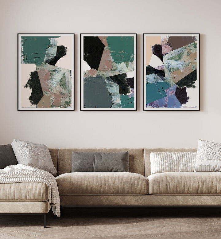 Elevate your decor with the BLUE BLACK NEUTRAL SET, SET OF 3 PAINTINGS, perfect for any stylish living space.