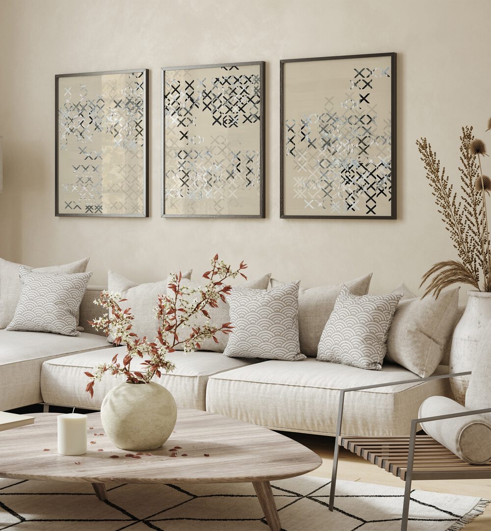 Elevate your decor with the MINIMAL X COMPOSITION SET, SET OF 3 PAINTINGS, showcasing modern elegance in any space.