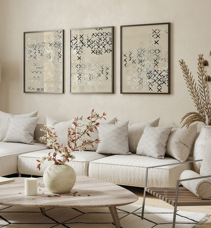 Elevate your decor with the MINIMAL X COMPOSITION SET, SET OF 3 PAINTINGS, showcasing modern elegance in any space.