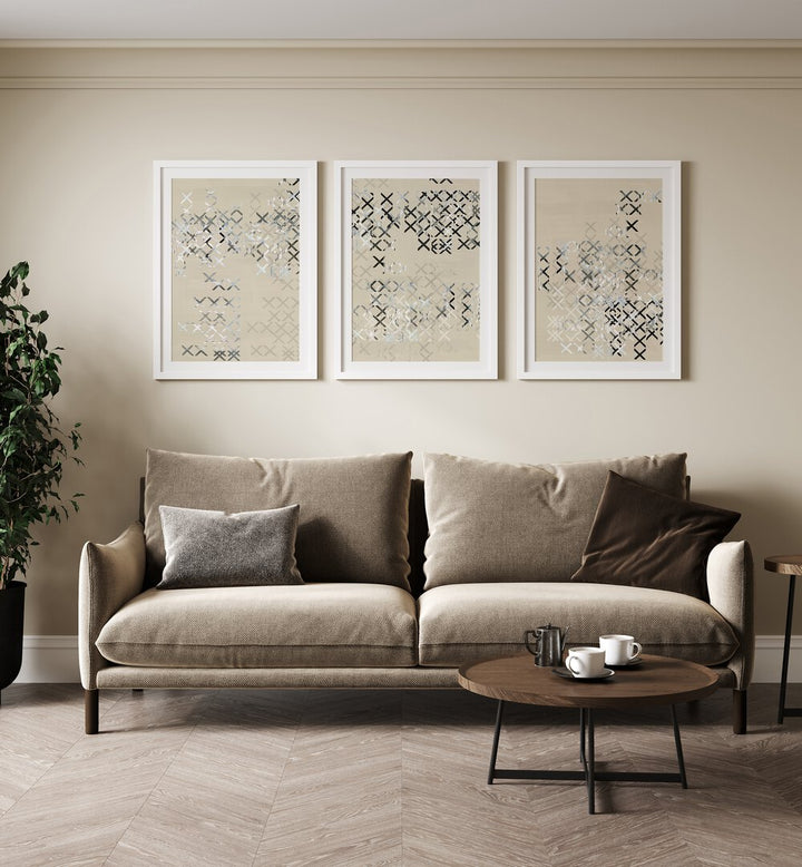 Stylish MINIMAL X COMPOSITION SET, SET OF 3 PAINTINGS enhancing modern living room decor with elegance and tranquility.