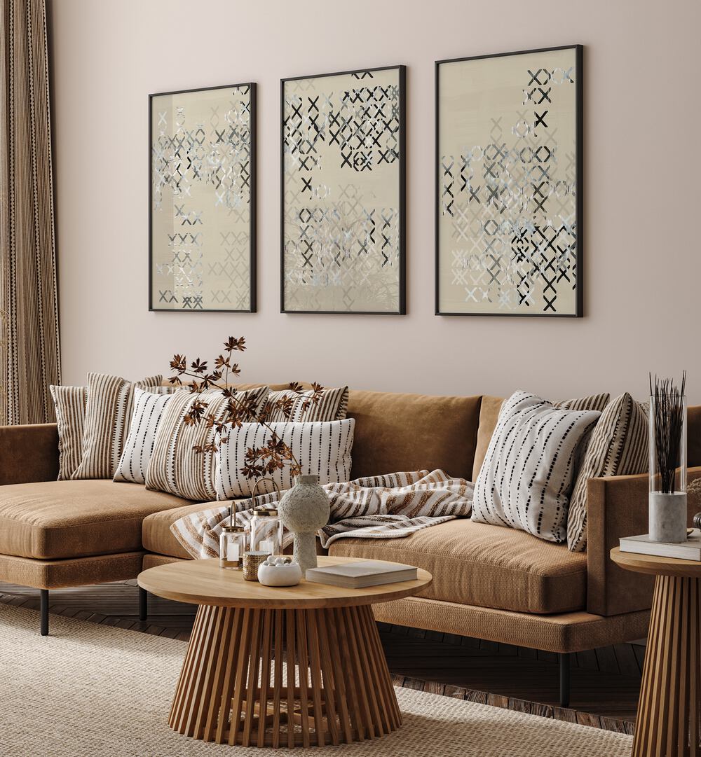 Elevate your decor with the MINIMAL X COMPOSITION SET, SET OF 3 PAINTINGS, perfect for a serene living space.