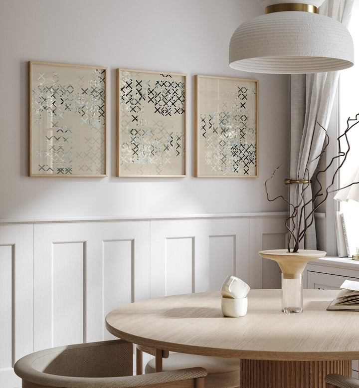 Elevate your decor with the MINIMAL X COMPOSITION SET, SET OF 3 PAINTINGS, showcasing modern elegance in any space.