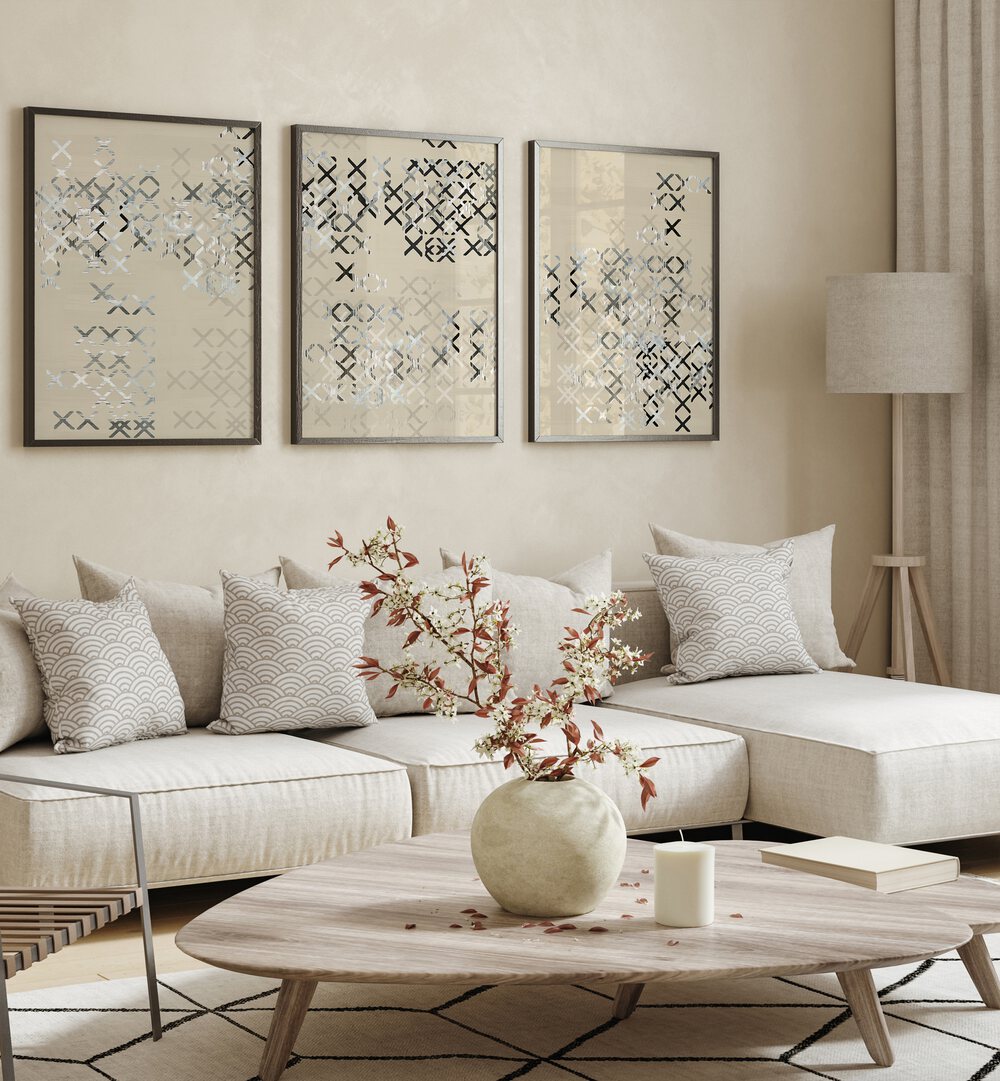 Elevate your decor with the MINIMAL X COMPOSITION SET, SET OF 3 PAINTINGS, perfect for modern living spaces.