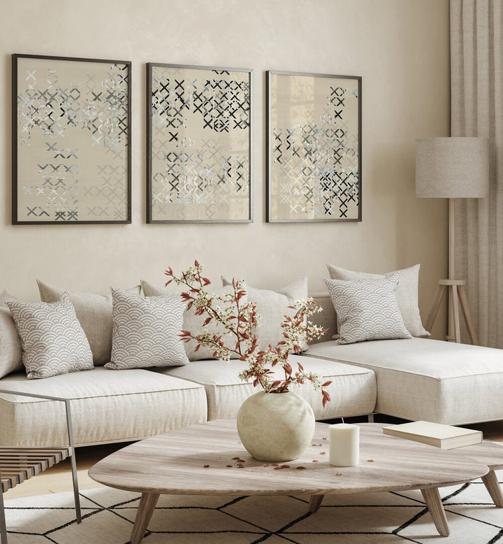 Elevate your decor with the MINIMAL X COMPOSITION SET, SET OF 3 PAINTINGS, perfect for modern living spaces.