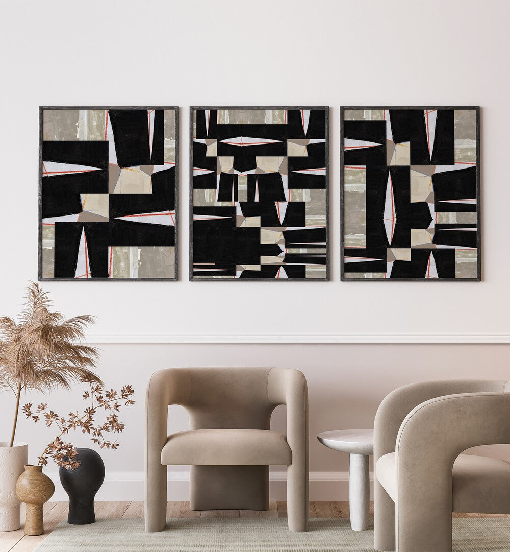 Enhance your decor with the BLACK JIGSAW SET, SET OF 3 PAINTINGS, a stunning modern art collection.