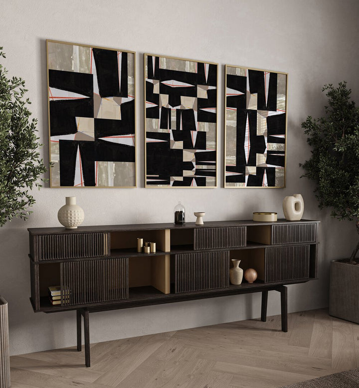 Transform your decor with the BLACK JIGSAW SET, SET OF 3 PAINTINGS, featuring modern, abstract designs.