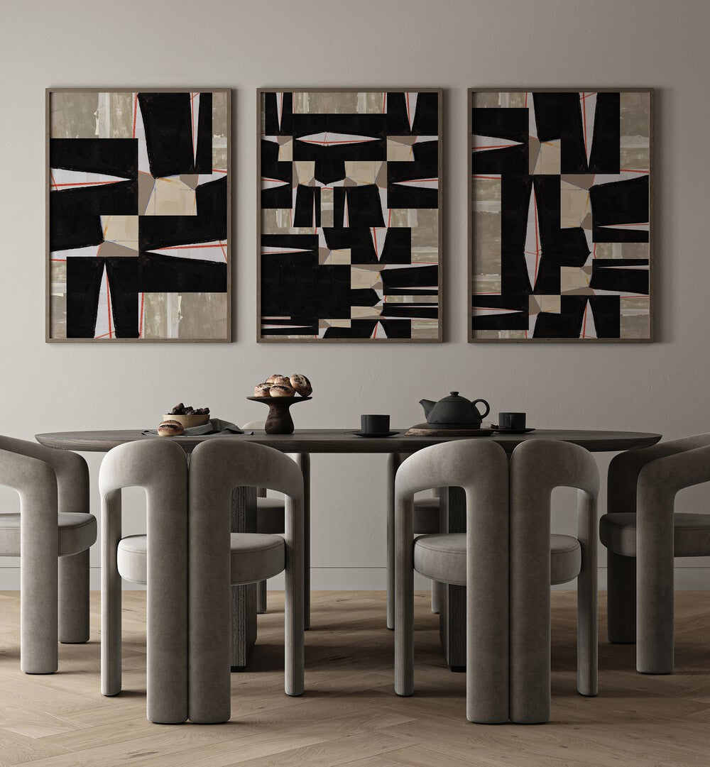 Stylish BLACK JIGSAW SET, SET OF 3 PAINTINGS, perfect for modern spaces and enhancing your decor.