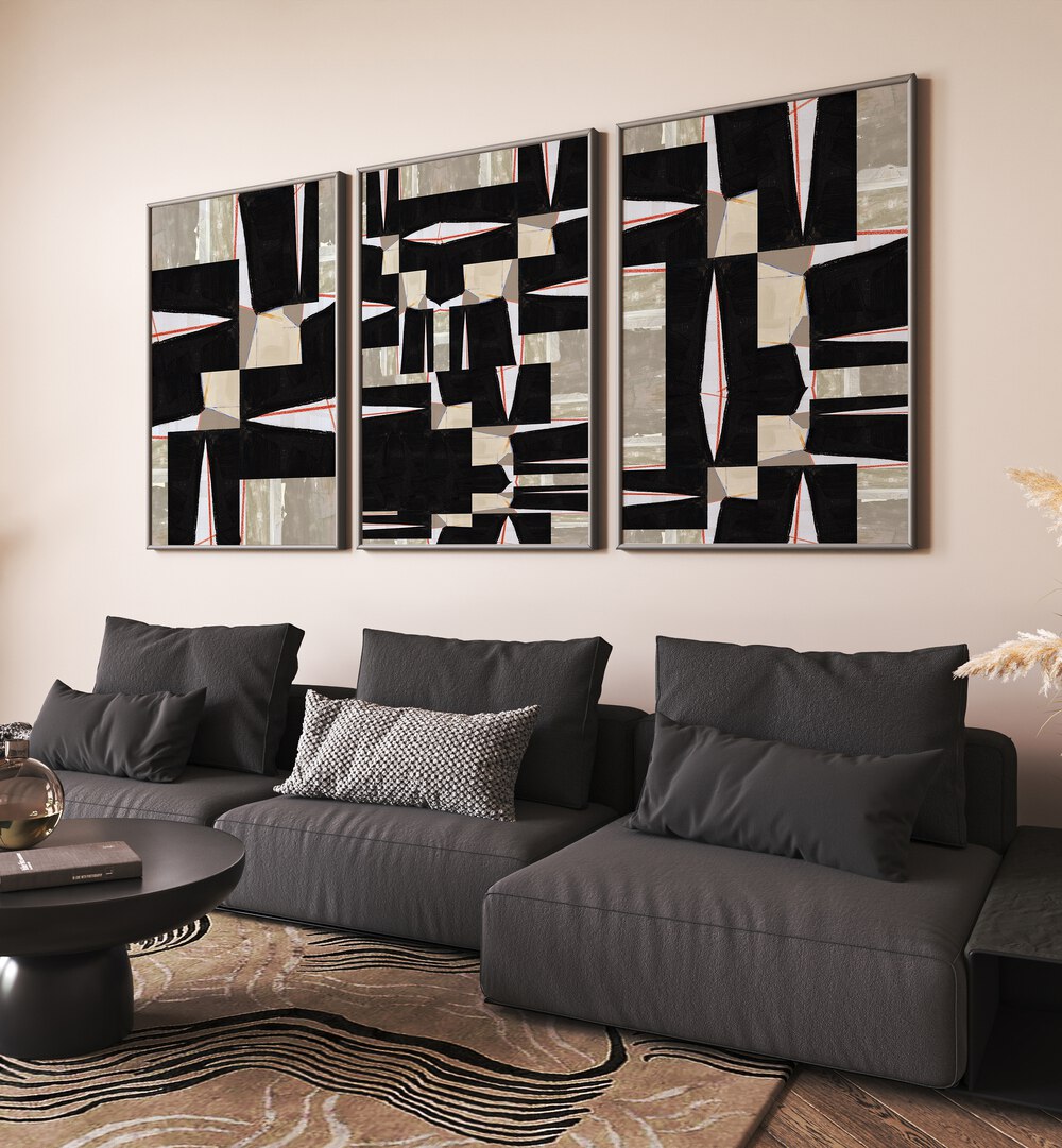 Stunning BLACK JIGSAW SET, SET OF 3 PAINTINGS, perfect for modern aesthetics and transforming your space.
