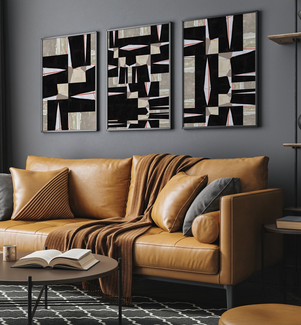 Stylishly enhance your decor with the BLACK JIGSAW SET, SET OF 3 PAINTINGS, perfect for modern aesthetics.