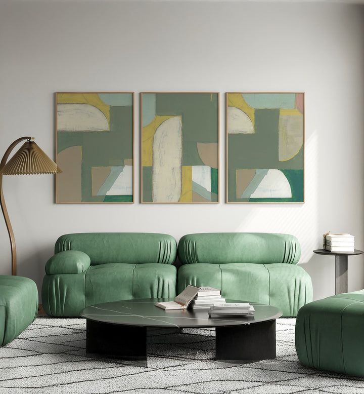 Elevate your decor with the OLIVE GREEN ABSTRACT SET, SET OF 3 PAINTINGS, perfect for modern living spaces.