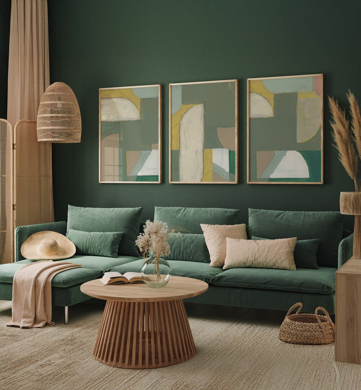 Elevate your decor with the OLIVE GREEN ABSTRACT SET, SET OF 3 PAINTINGS, ideal for a modern living space.