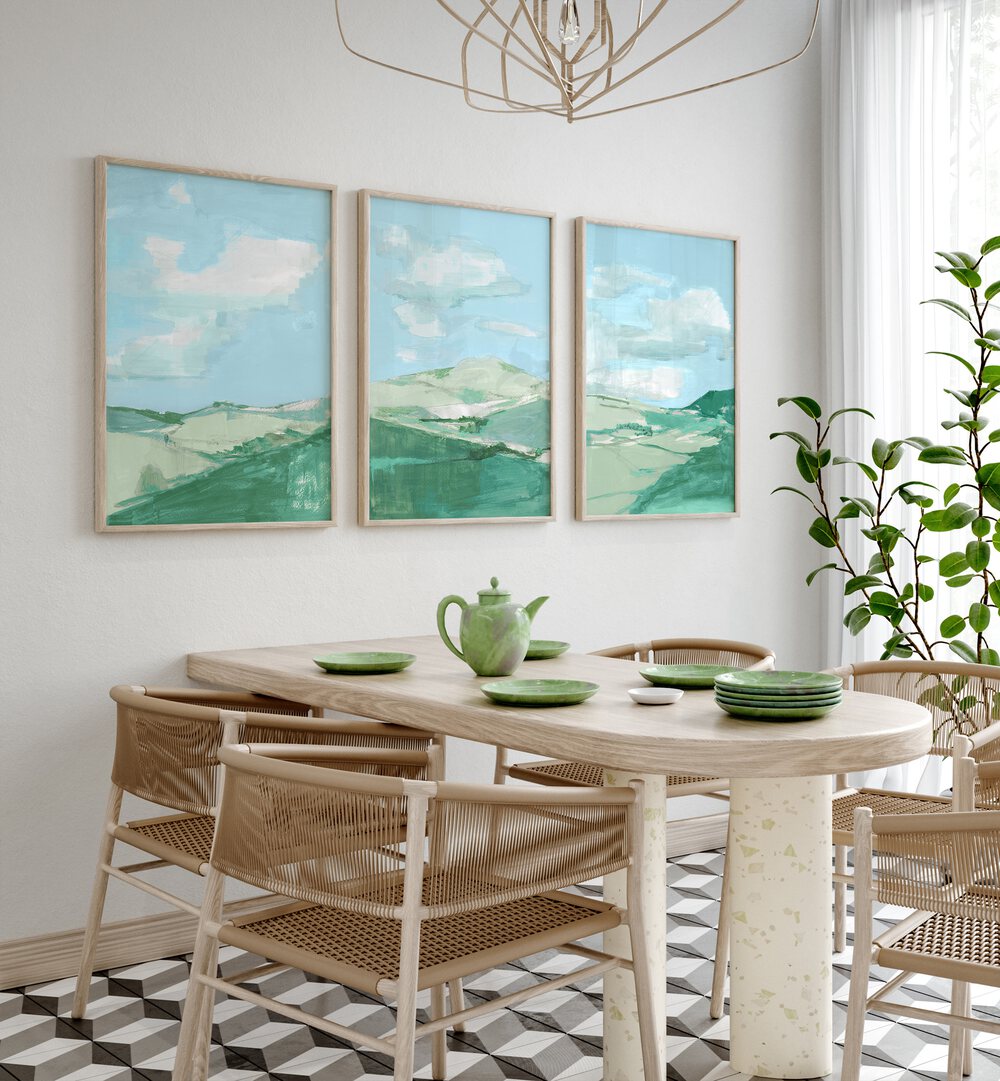 Decorate your home with the TRANQUIL TERRAIN SET, SET OF 3 PAINTINGS, showcasing serene landscapes for a calming vibe.