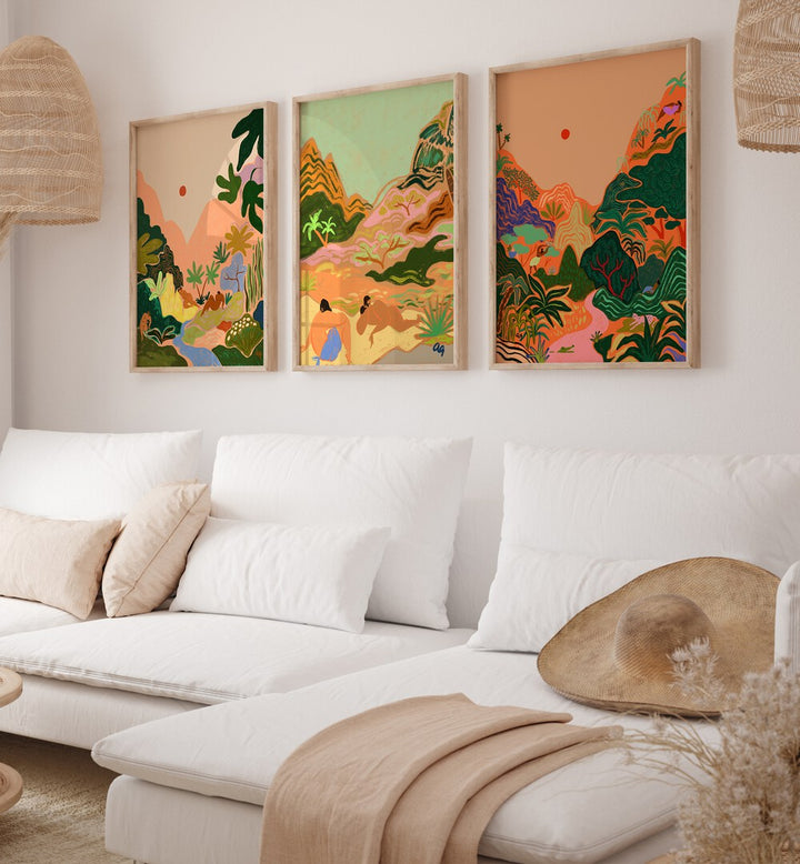 Transform your space with the HIDDEN PARADISE SET, SET OF 3 PAINTINGS featuring serene nature scenes.