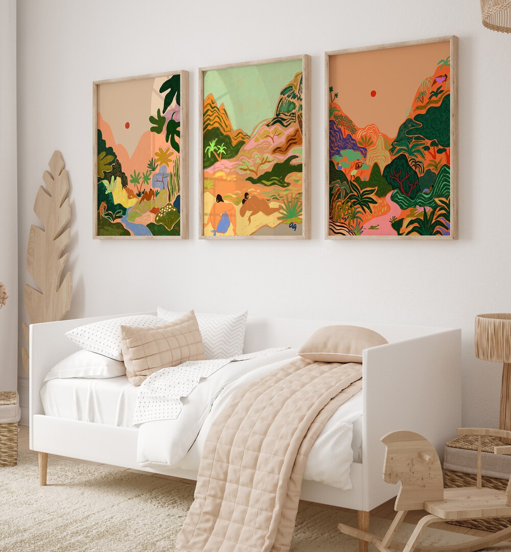 Transform your space with the HIDDEN PARADISE SET, SET OF 3 PAINTINGS showcasing serene nature-inspired art.
