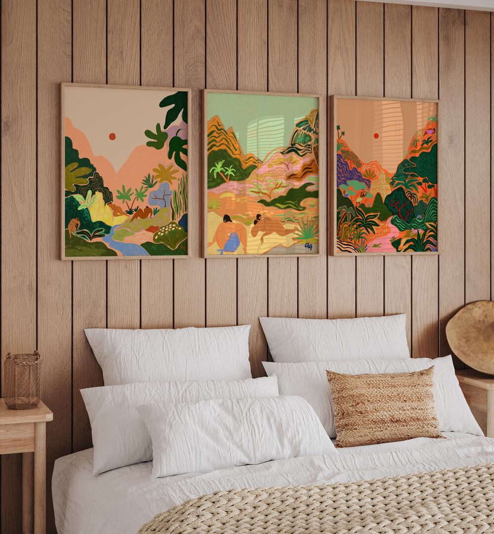 Transform your space with the HIDDEN PARADISE SET, SET OF 3 PAINTINGS, showcasing serene nature-inspired art.