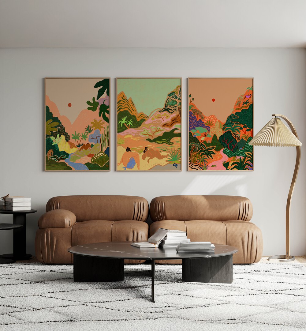 Transform your space with the HIDDEN PARADISE SET, SET OF 3 PAINTINGS, showcasing serene nature-inspired art.
