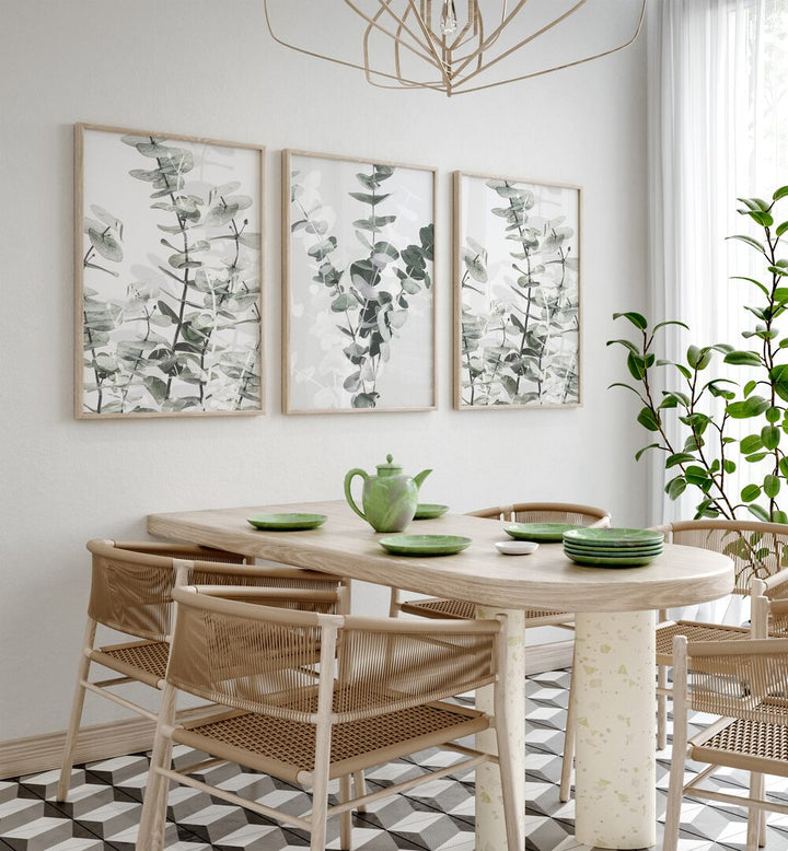 Enhance your space with the TRANQUIL EUCALYPTUS SET, SET OF 3 PAINTINGS, showcasing soothing eucalyptus designs.