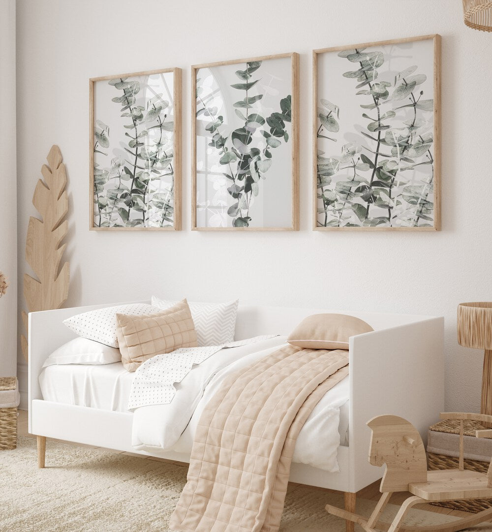 Elevate your decor with the TRANQUIL EUCALYPTUS SET, SET OF 3 PAINTINGS featuring serene eucalyptus art.
