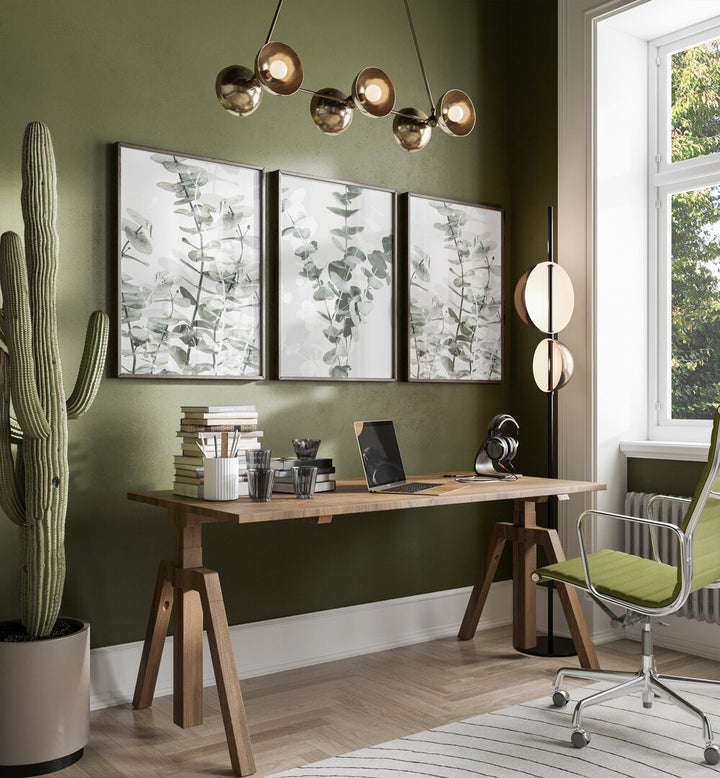 Transform your space with the TRANQUIL EUCALYPTUS SET, SET OF 3 PAINTINGS, showcasing serene eucalyptus leaves.