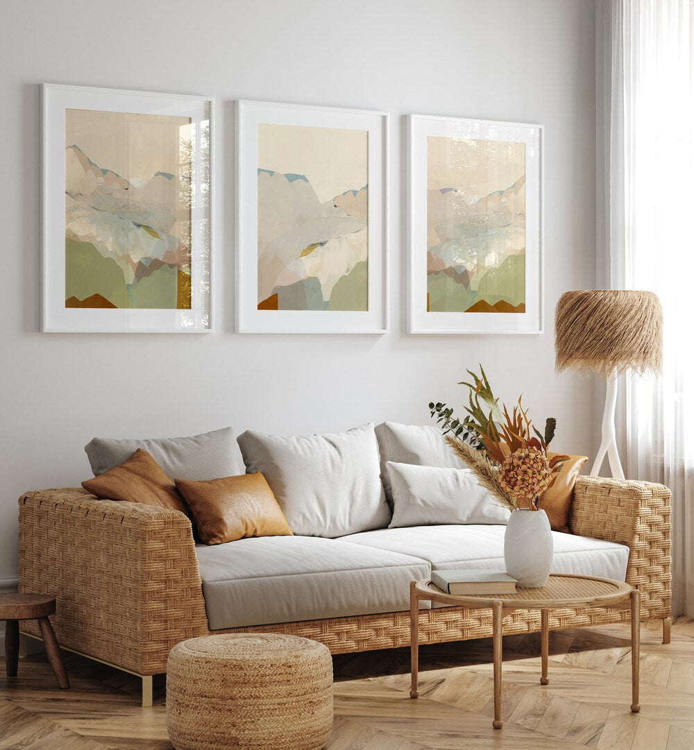 Elevate your decor with the PEACHY MOUNTAIN RANGE SET, SET OF 3 PAINTINGS, showcasing serene mountain landscapes.