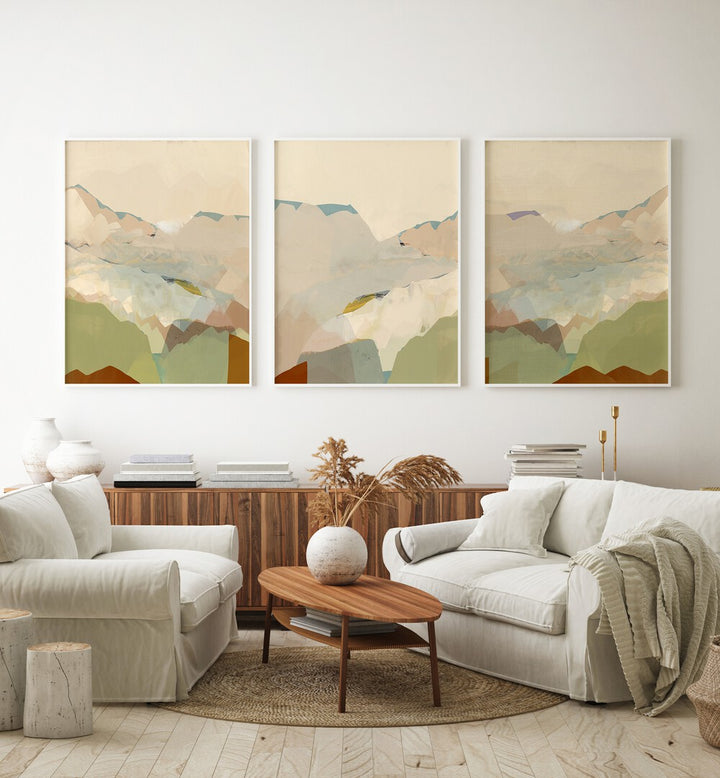 Transform your home with the PEACHY MOUNTAIN RANGE SET, SET OF 3 PAINTINGS, showcasing serene mountain artistry.