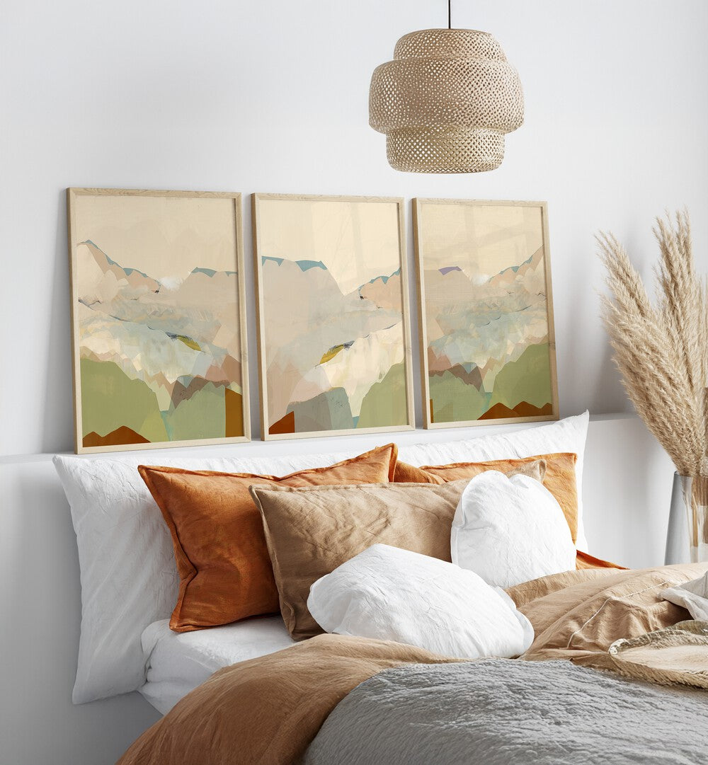 Enhance your space with the PEACHY MOUNTAIN RANGE SET, SET OF 3 PAINTINGS, showcasing serene mountain landscapes.