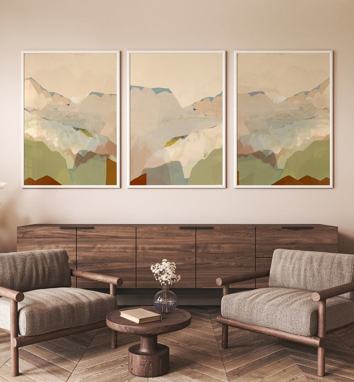 Enhance your space with the PEACHY MOUNTAIN RANGE SET, SET OF 3 PAINTINGS, showcasing serene natural beauty.