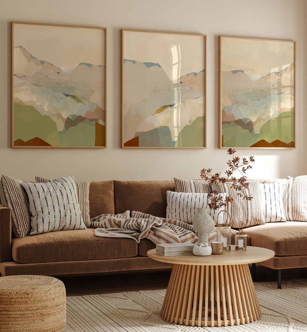 Transform your space with the PEACHY MOUNTAIN RANGE SET, SET OF 3 PAINTINGS, featuring serene natural beauty.