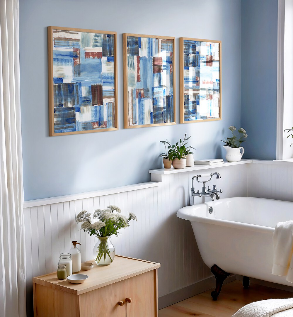 Transform your space with the ICY BLUE ABSTRACT SET, SET OF 3 PAINTINGS featuring soothing icy blue hues and dynamic designs.