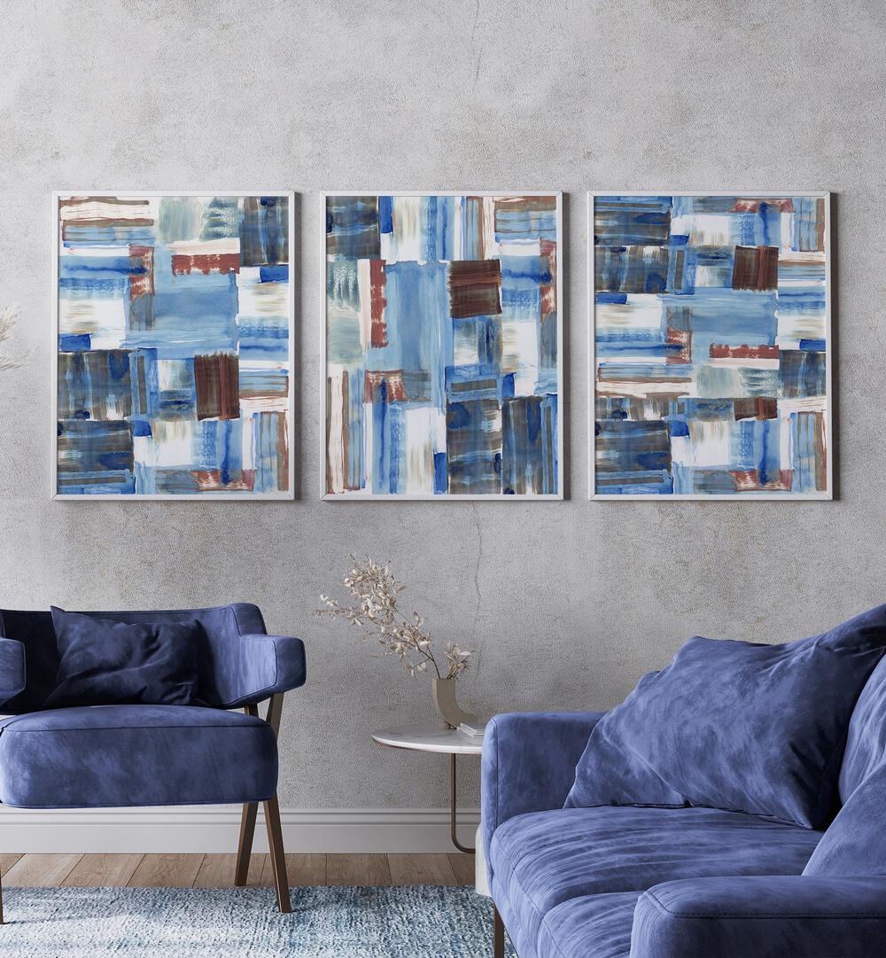 Transform your space with the ICY BLUE ABSTRACT SET, SET OF 3 PAINTINGS showcasing soothing icy blue hues.